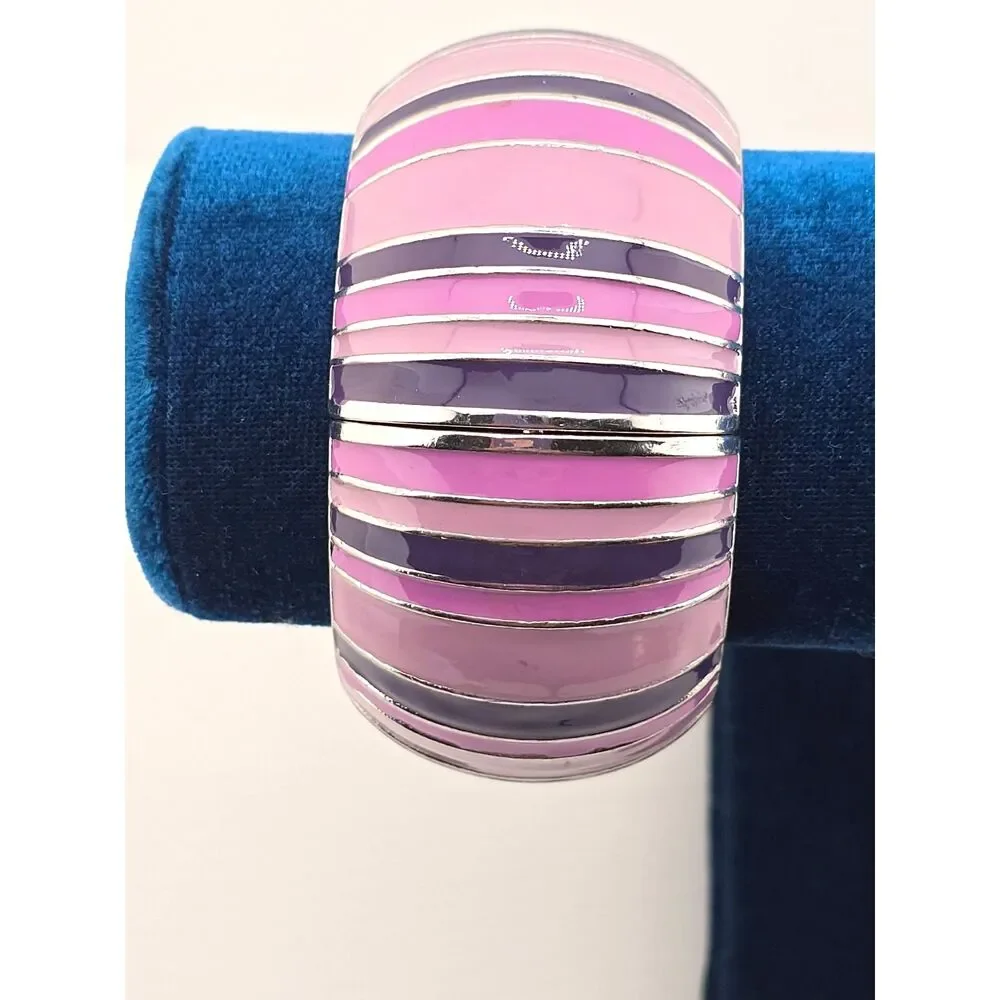 Clamper Cuff Bracelet Silver Tone Pink Purple Metal Chunky Domed 2